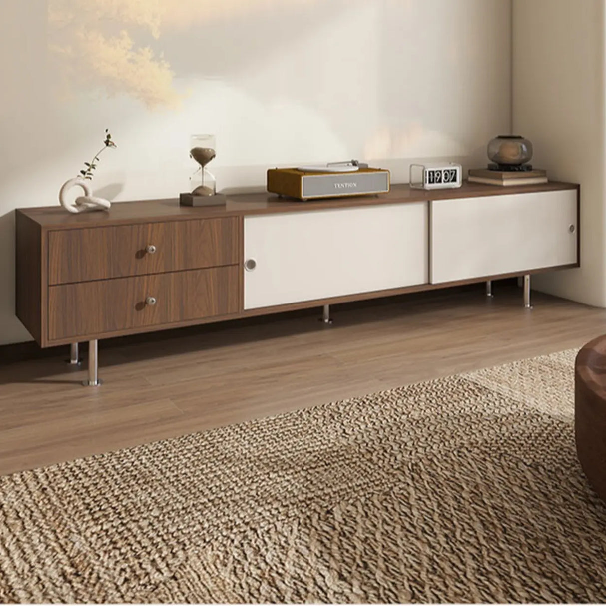 Mid-Century Modern Walnut & White TV Stand with Storage Image - 1