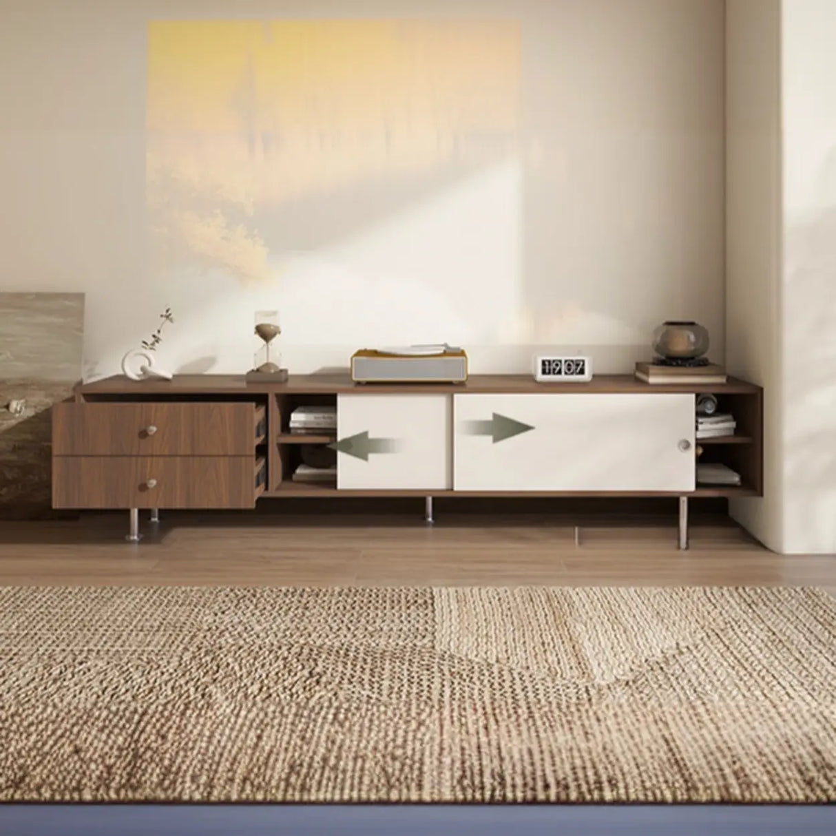 Mid-Century Modern Walnut & White TV Stand with Storage Image - 4