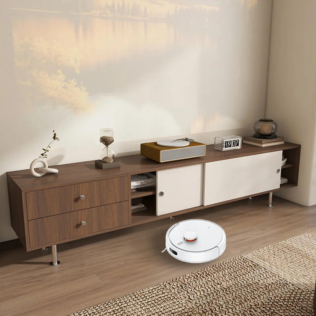 Mid-Century Modern Walnut & White TV Stand with Storage Image - 6