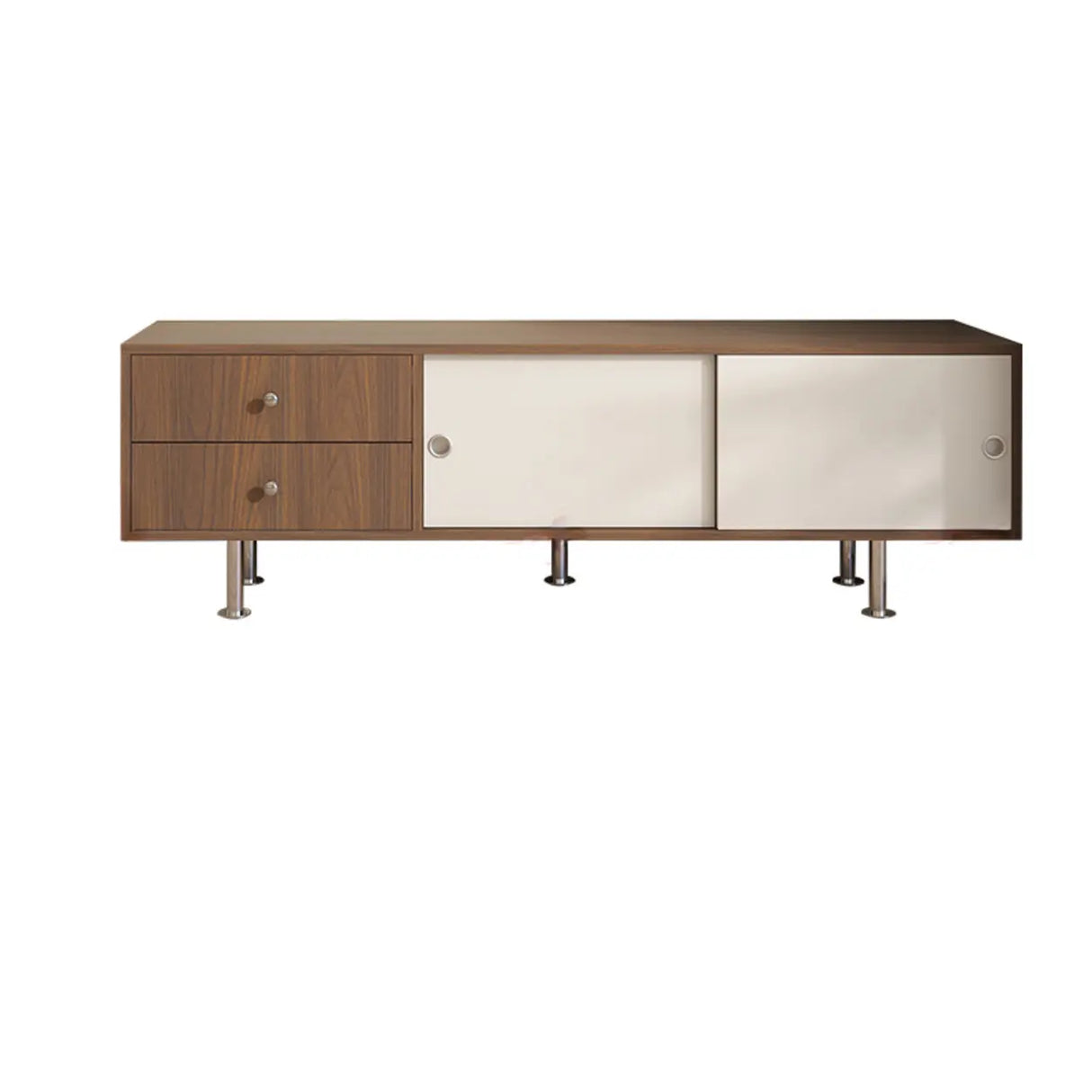 Mid-Century Modern Walnut & White TV Stand with Storage Image - 7