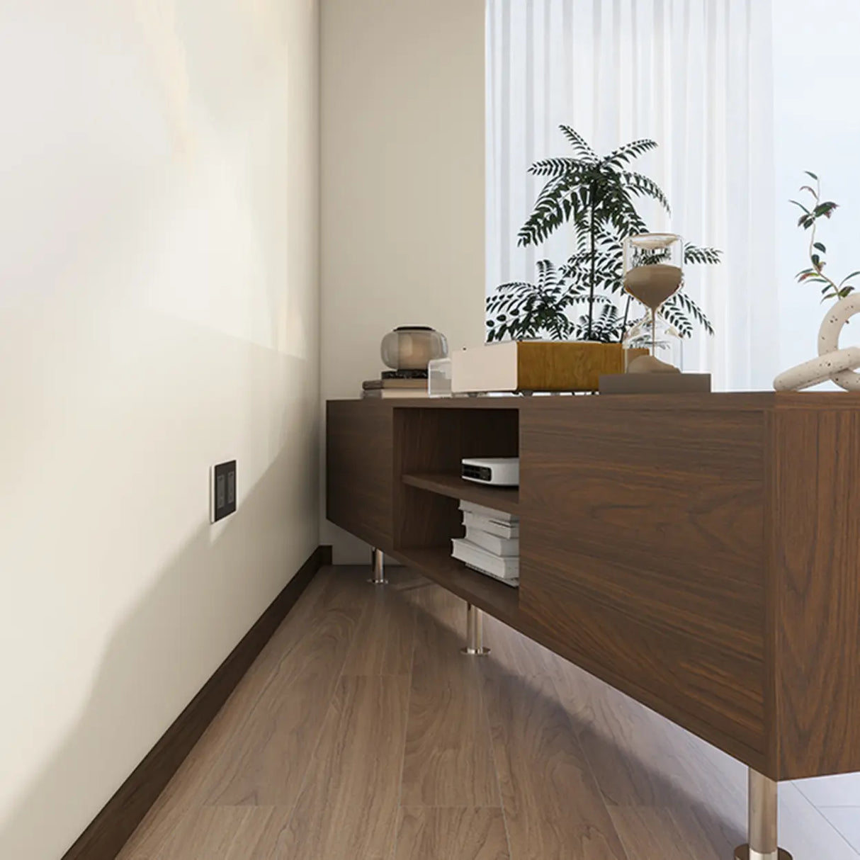 Mid-Century Modern Walnut & White TV Stand with Storage Image - 8