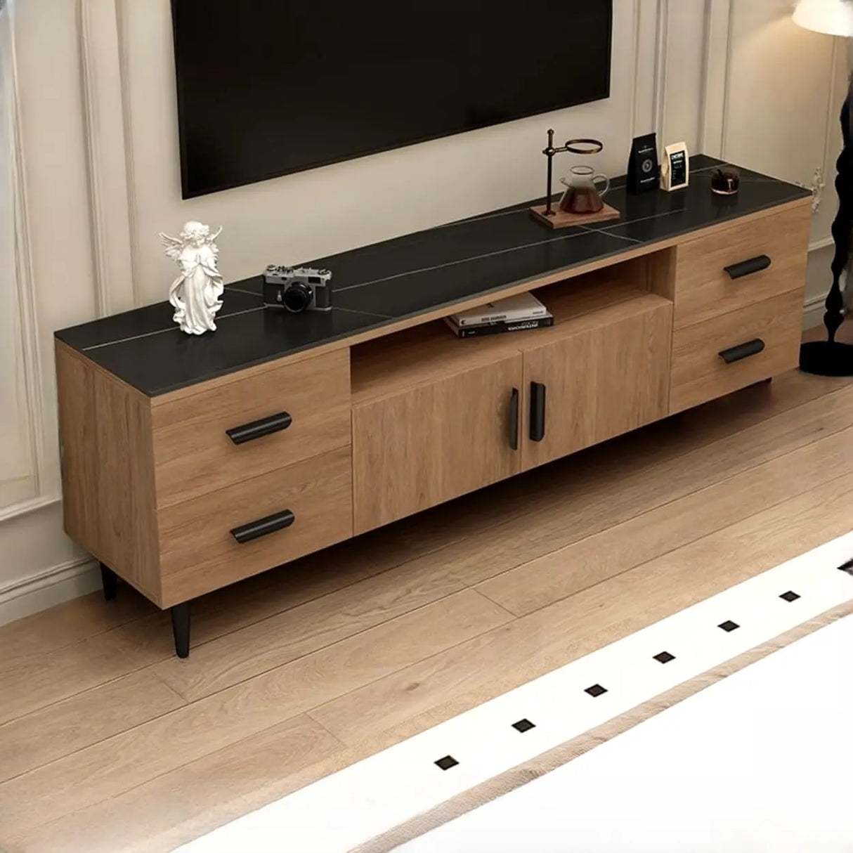 Mid-Century Modern Walnut TV Stand with Black Top Image - 11