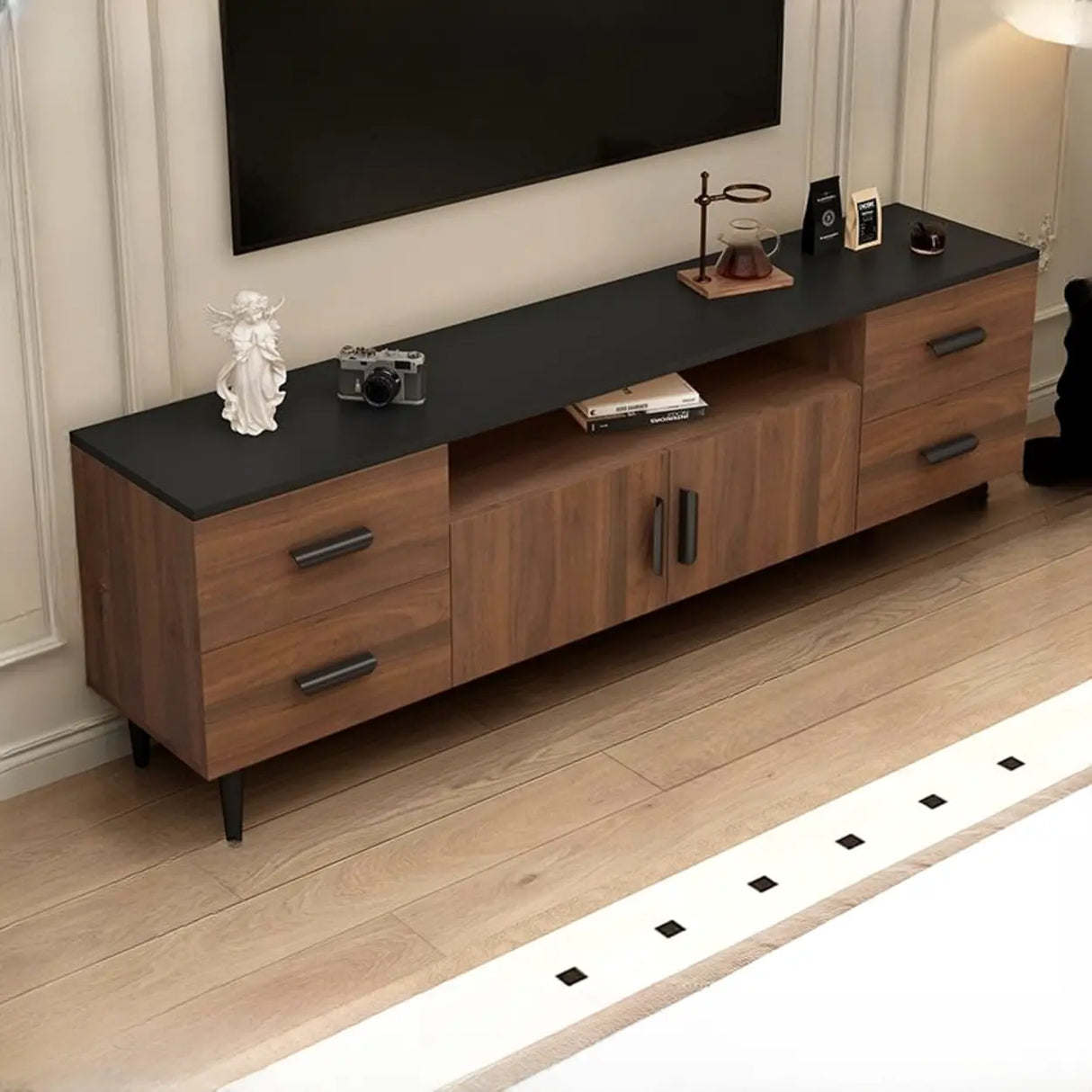 Mid-Century Modern Walnut TV Stand with Black Top Image - 13