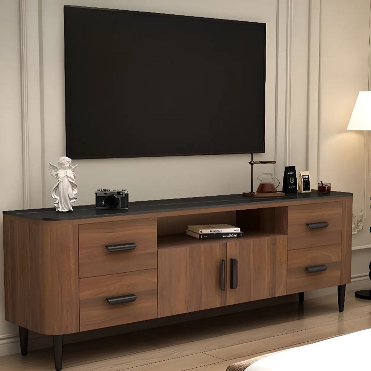 Mid-Century Modern Walnut TV Stand with Black Top Image - 14