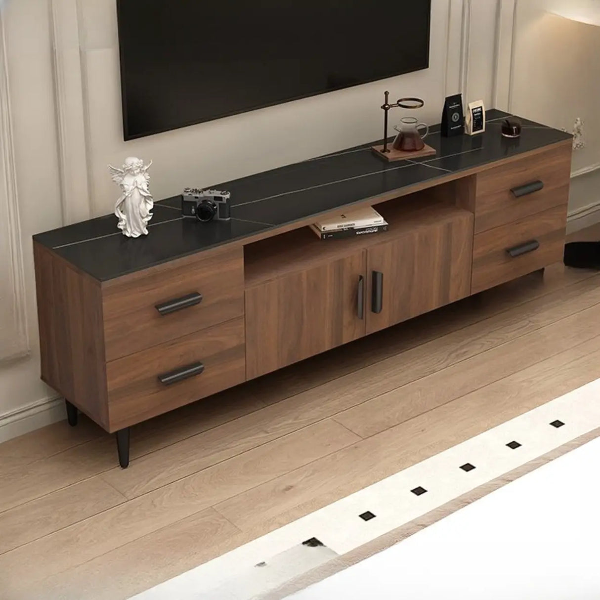 Mid-Century Modern Walnut TV Stand with Black Top Image - 3