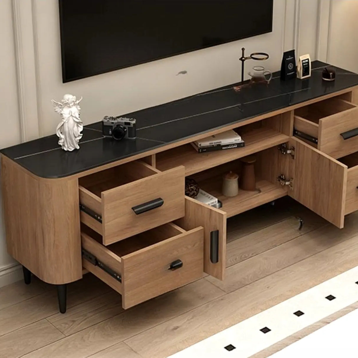 Mid-Century Modern Walnut TV Stand with Black Top Image - 4