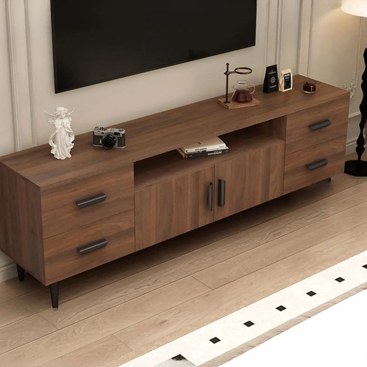 Mid-Century Modern Walnut TV Stand with Black Top Image - 5