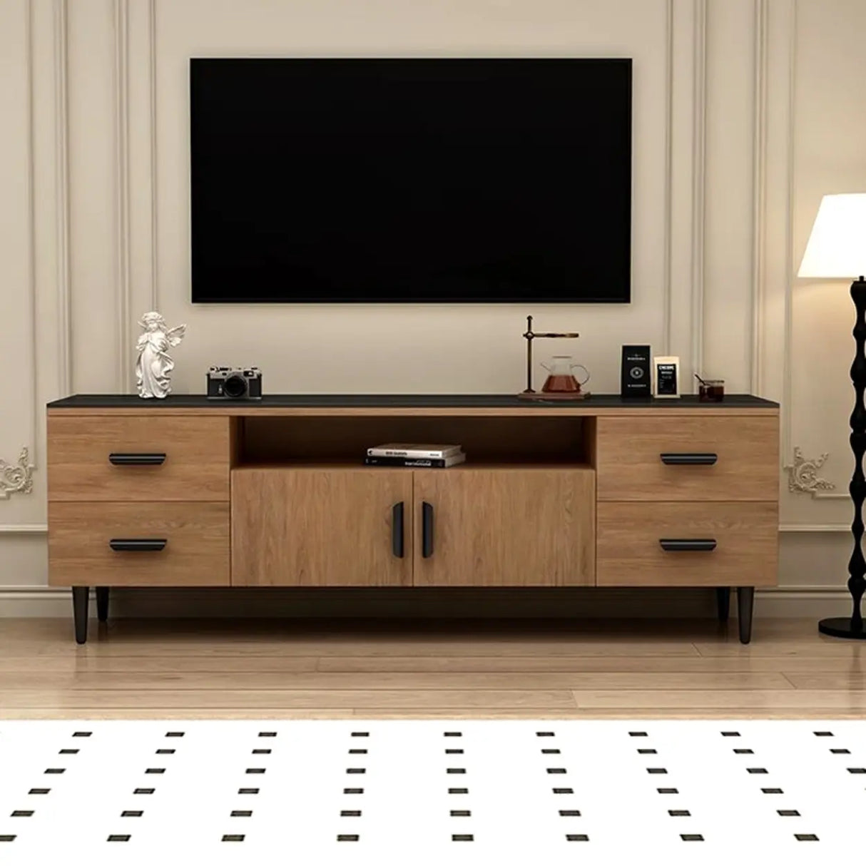 Mid-Century Modern Walnut TV Stand with Black Top Image - 6