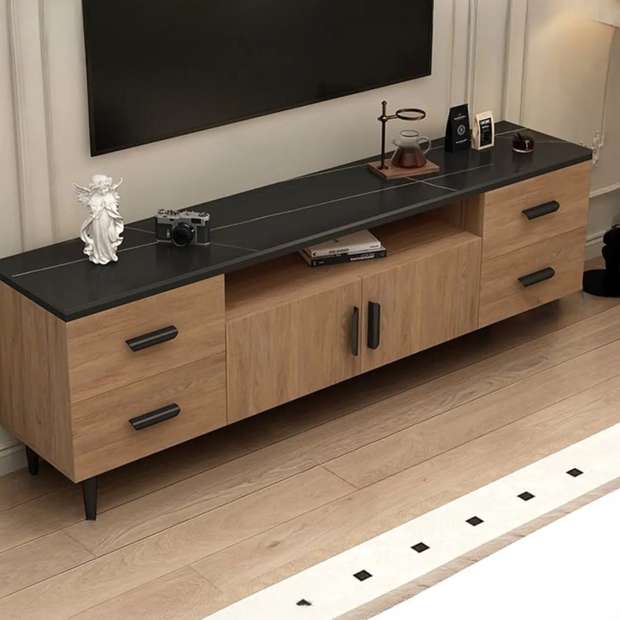 Mid-Century Modern Walnut TV Stand with Black Top Image - 7