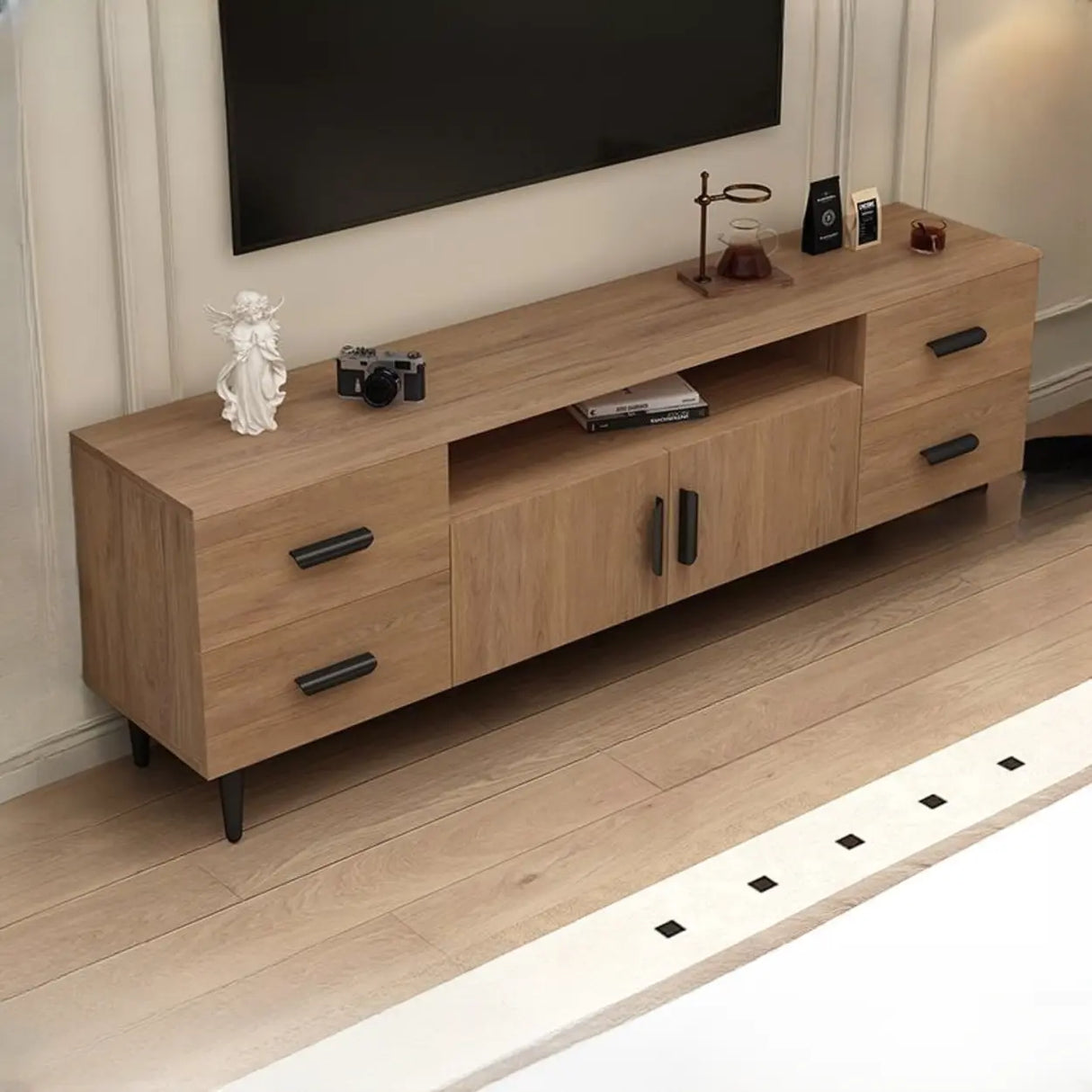 Mid-Century Modern Walnut TV Stand with Black Top Image - 9