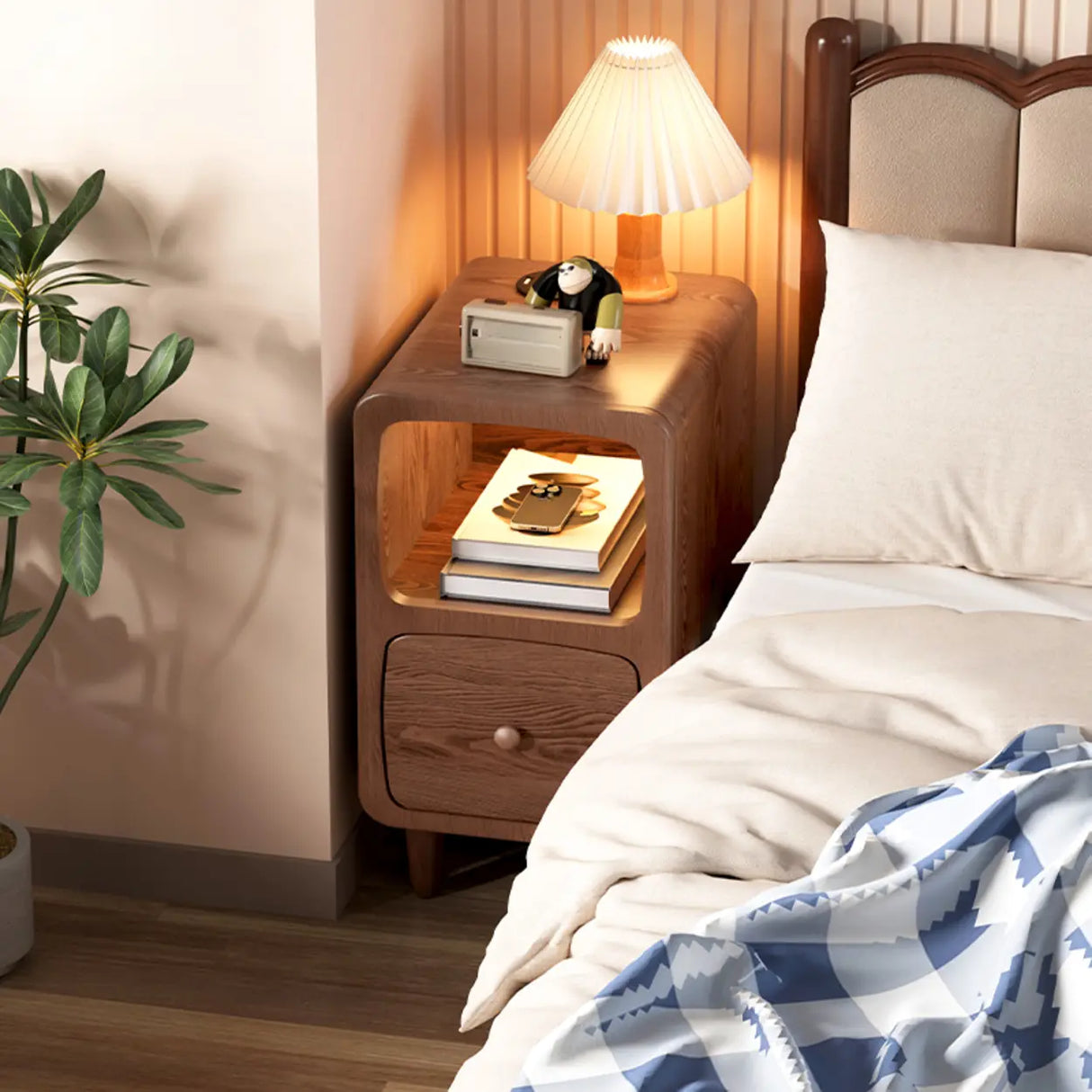 Mid-Century Modern Walnut Wood Nightstand with Drawer & Shelf Image - 2