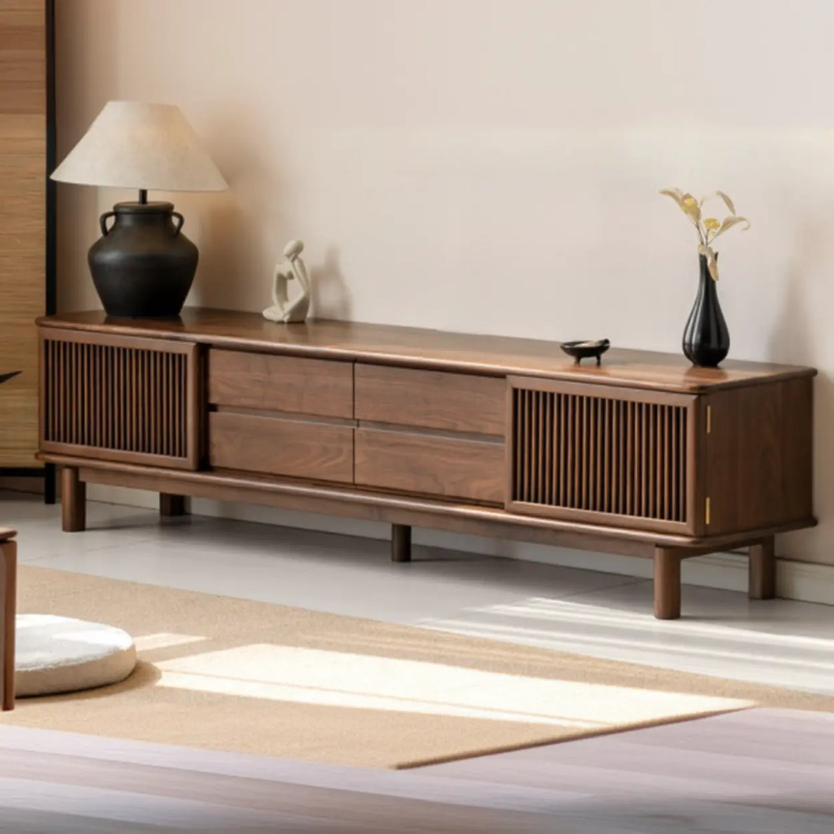 Mid-Century Modern Walnut Wood TV Stand with Cabinet Image - 1