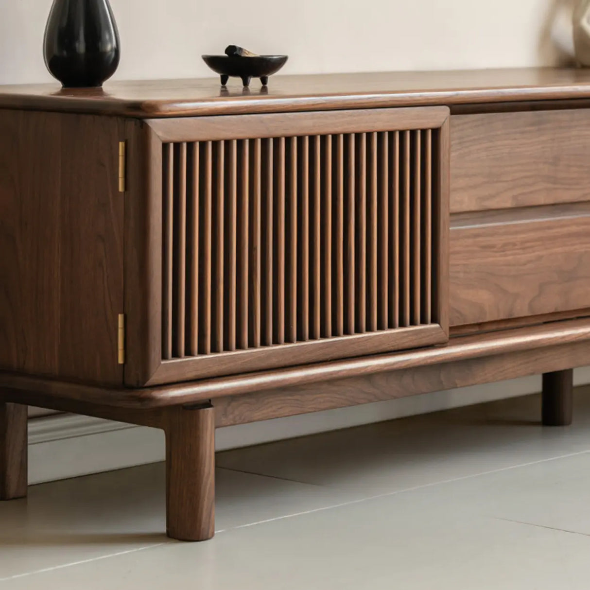 Mid-Century Modern Walnut Wood TV Stand with Cabinet Image - 4