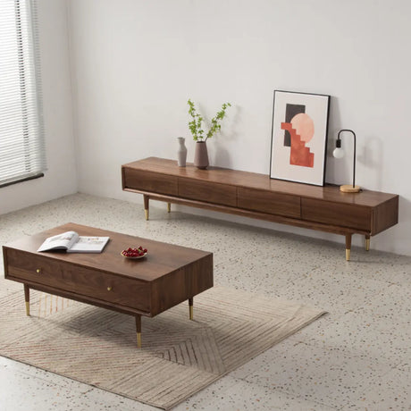 Mid-Century Modern Walnut Wood TV Stand with Legs Drawers Image - 1