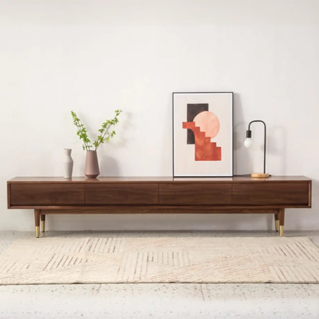 Mid-Century Modern Walnut Wood TV Stand with Legs Drawers Image - 2