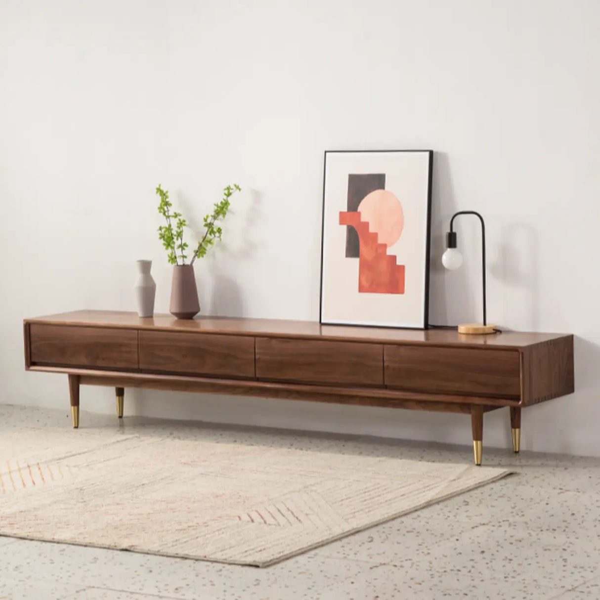 Mid-Century Modern Walnut Wood TV Stand with Legs Drawers Image - 3