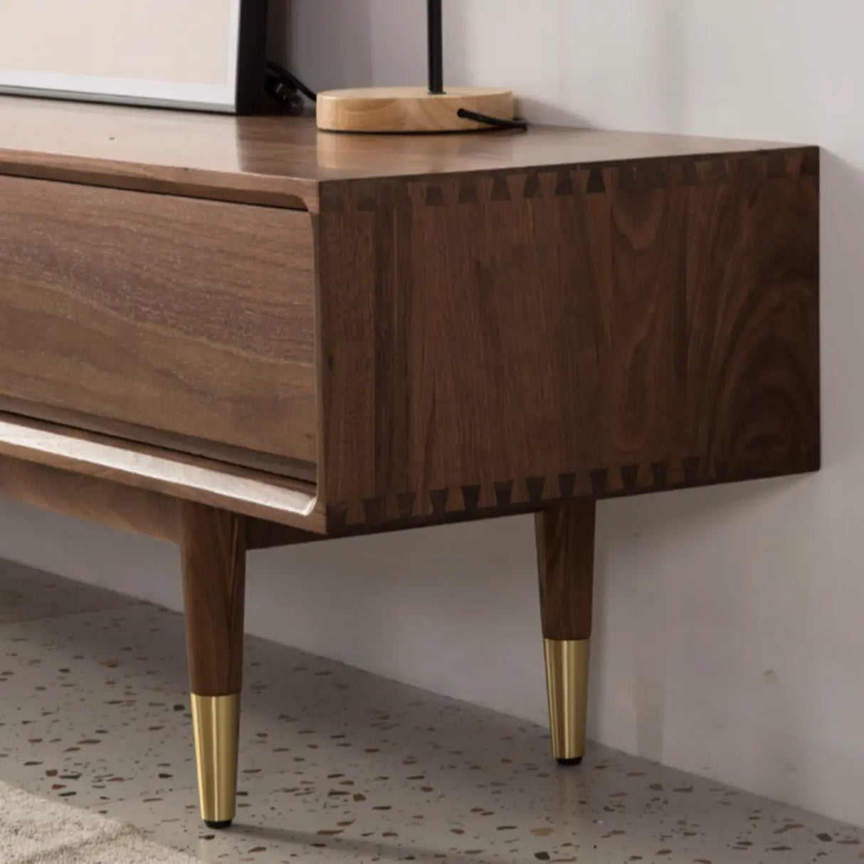 Mid-Century Modern Walnut Wood TV Stand with Legs Drawers Image - 5