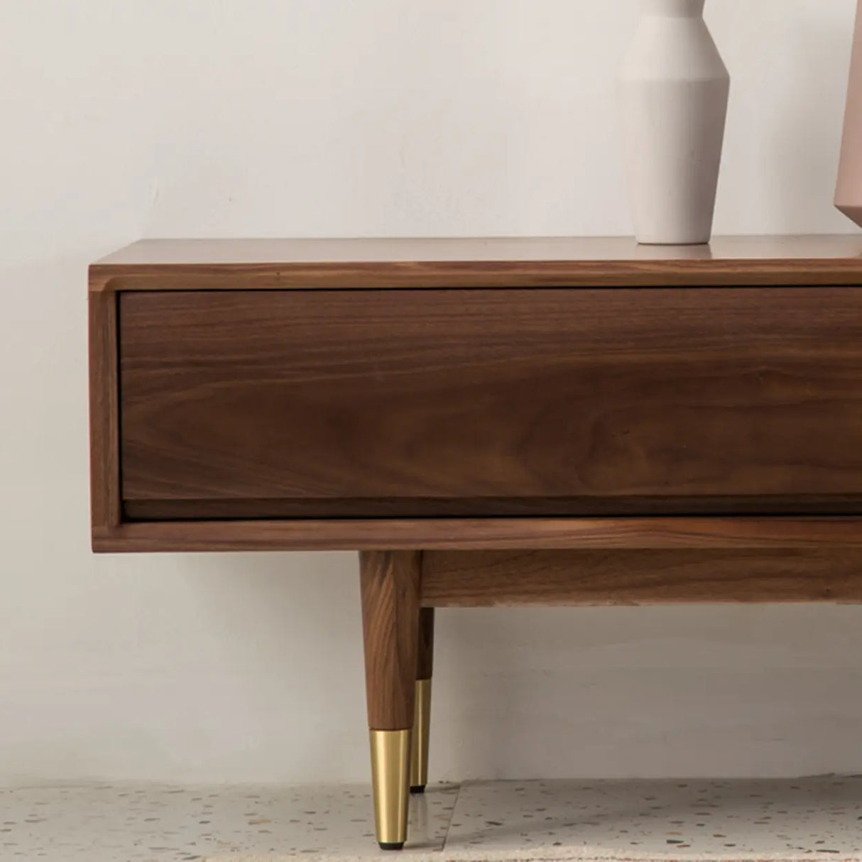 Mid-Century Modern Walnut Wood TV Stand with Legs Drawers Image - 8