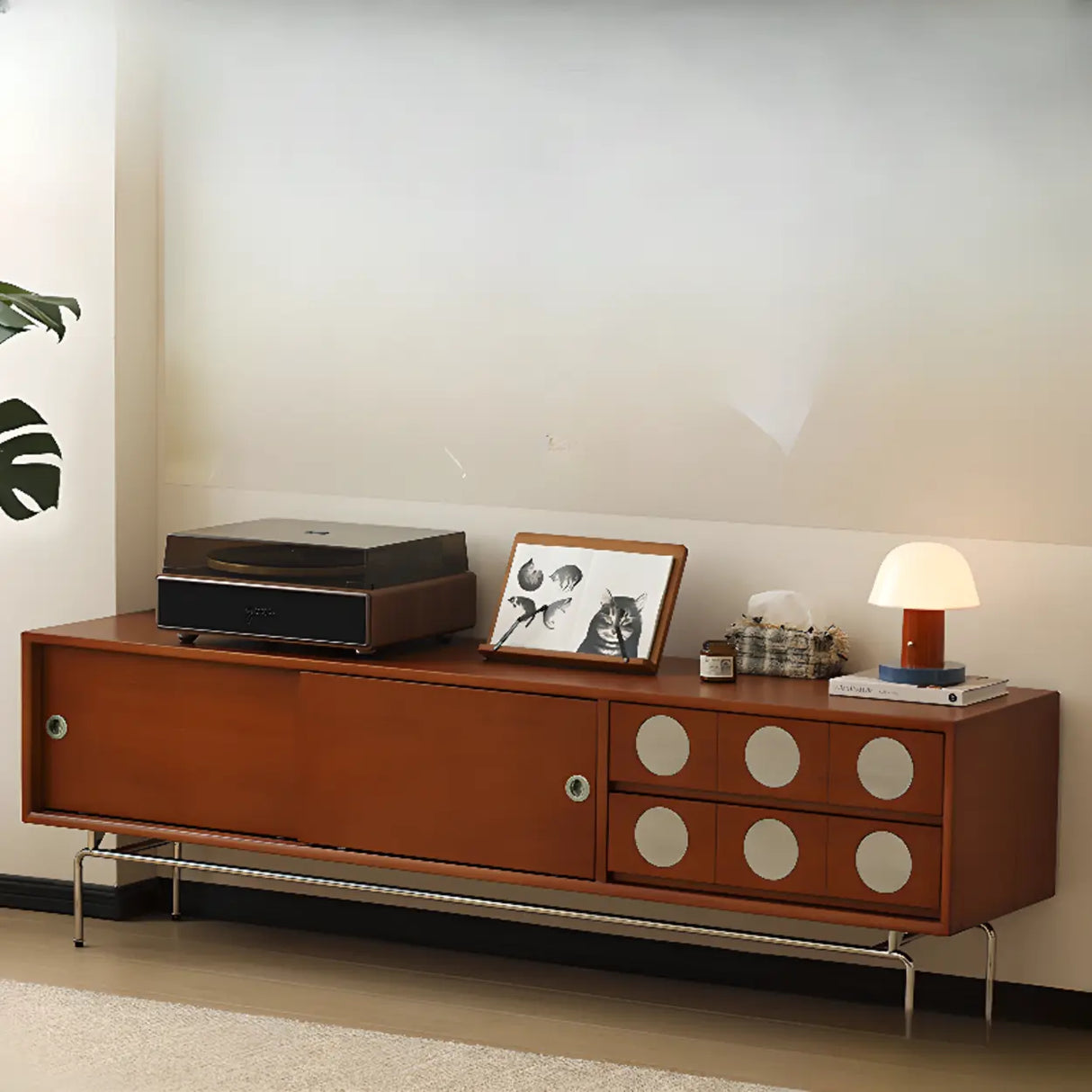 Mid-Century Modern Walnut Wood TV Stand with Sliding Doors Image - 1
