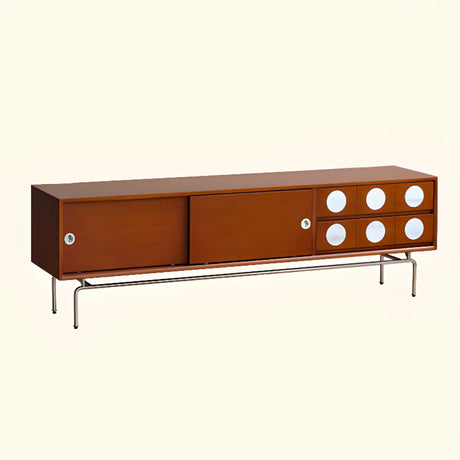 Mid-Century Modern Walnut Wood TV Stand with Sliding Doors Image - 2