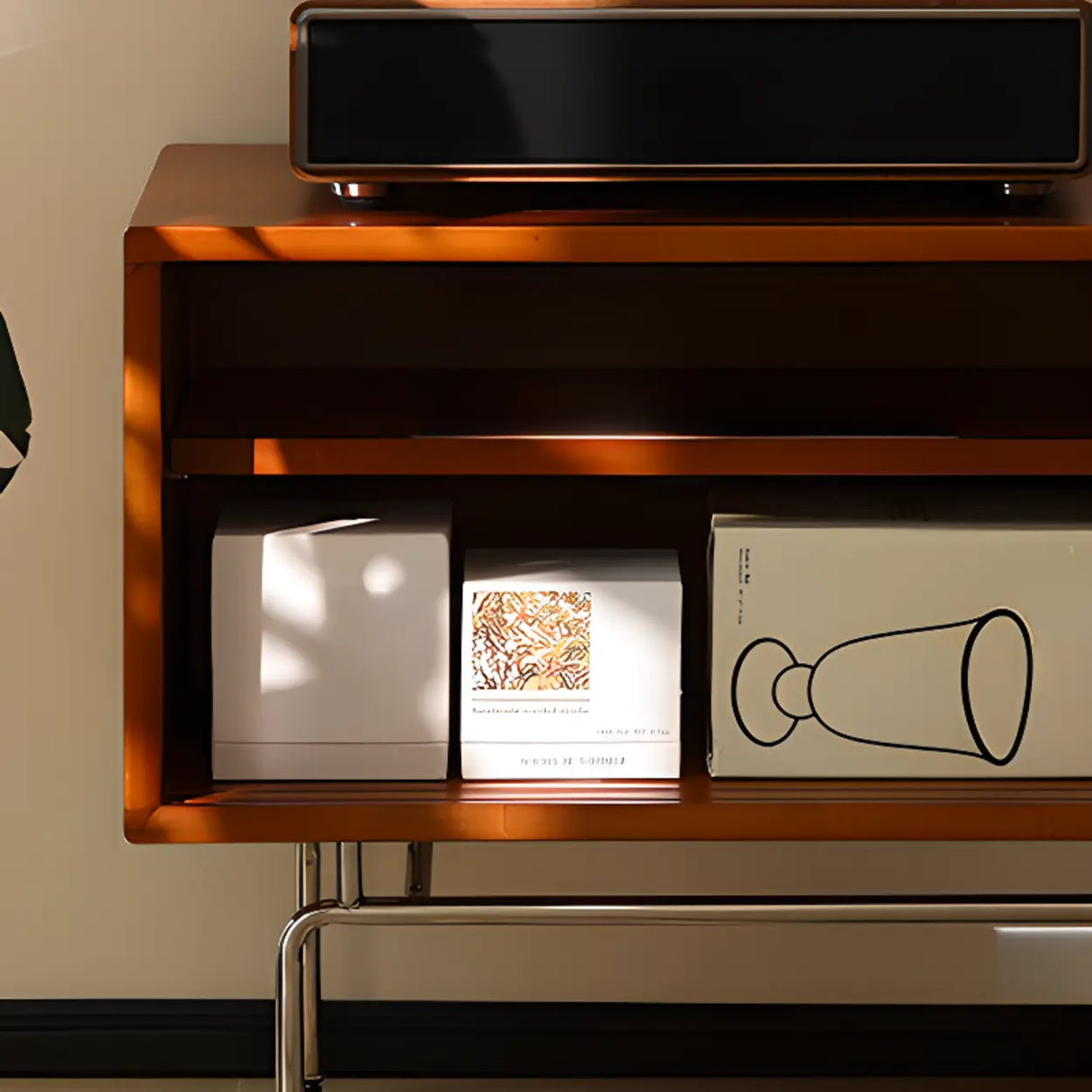 Mid-Century Modern Walnut Wood TV Stand with Sliding Doors Image - 5