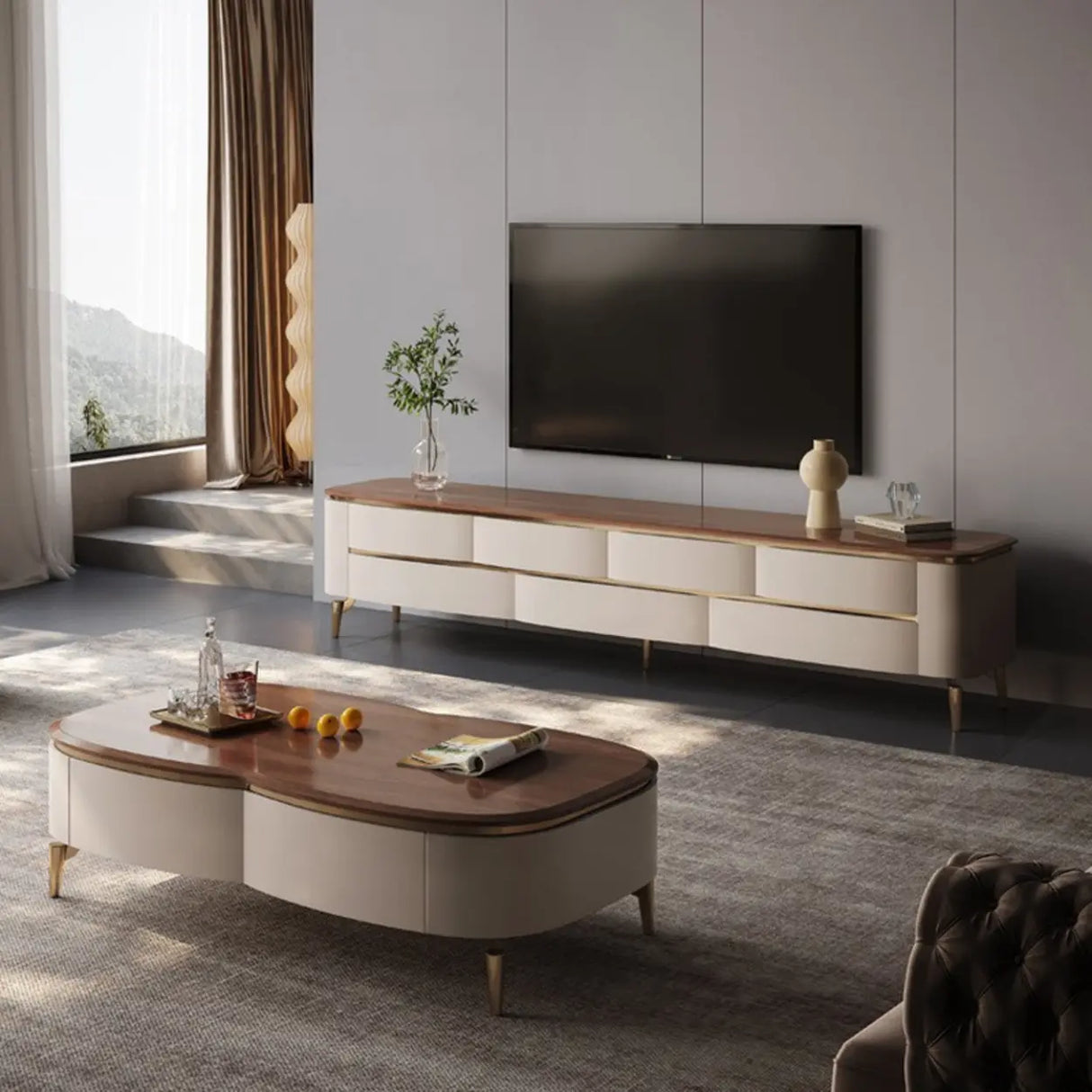 Mid-Century Modern Walnut Wood TV Stand with Storage Image - 3