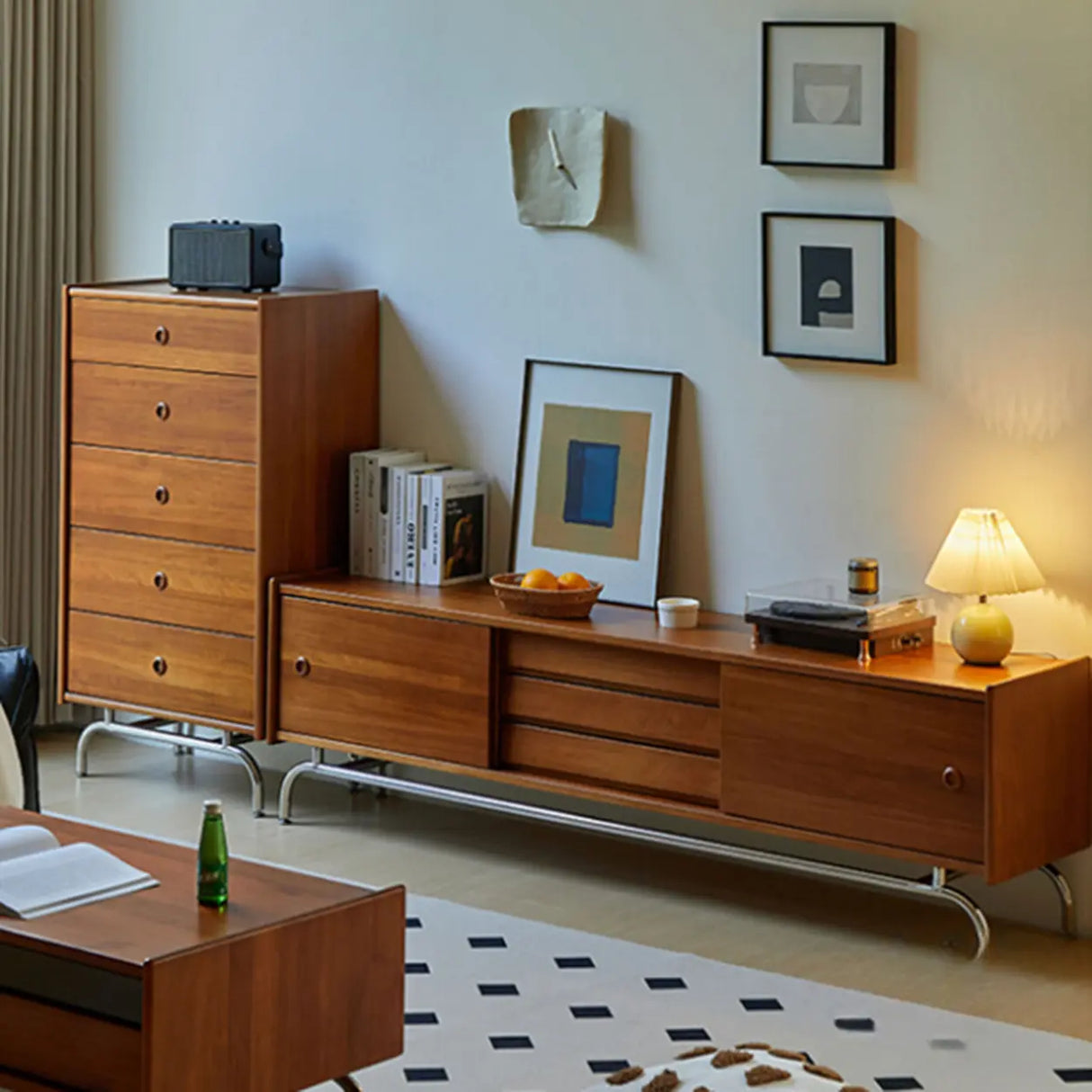 Mid-Century Modern Walnut Wood TV Stand with Storage Cabinet Image - 1