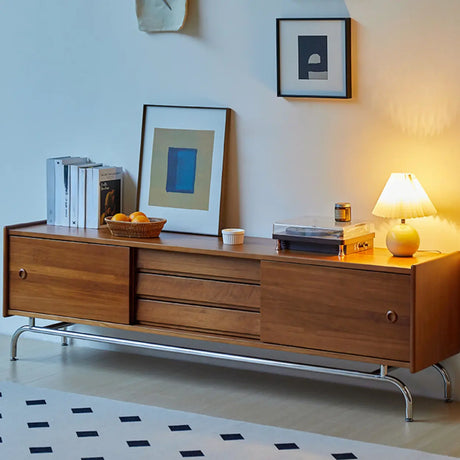 Mid-Century Modern Walnut Wood TV Stand with Storage Cabinet Image - 2