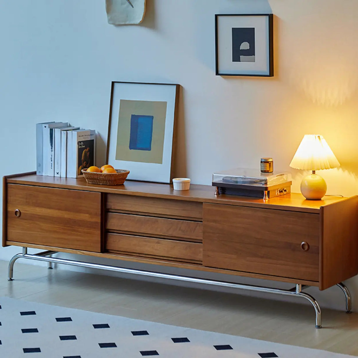 Mid-Century Modern Walnut Wood TV Stand with Storage Cabinet Image - 2