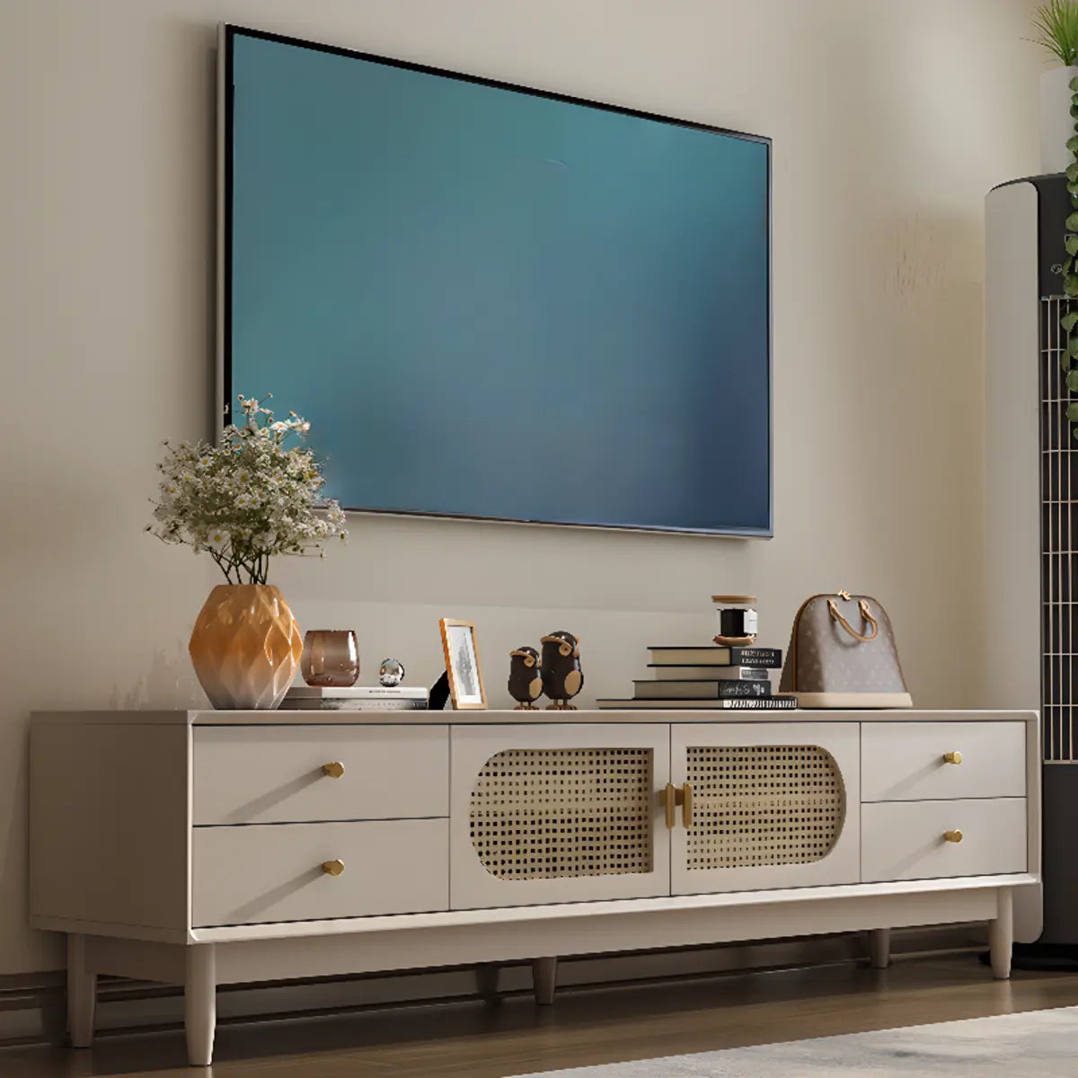 Mid-Century Modern White Wood Cabinet Drawers TV Stand Image - 1