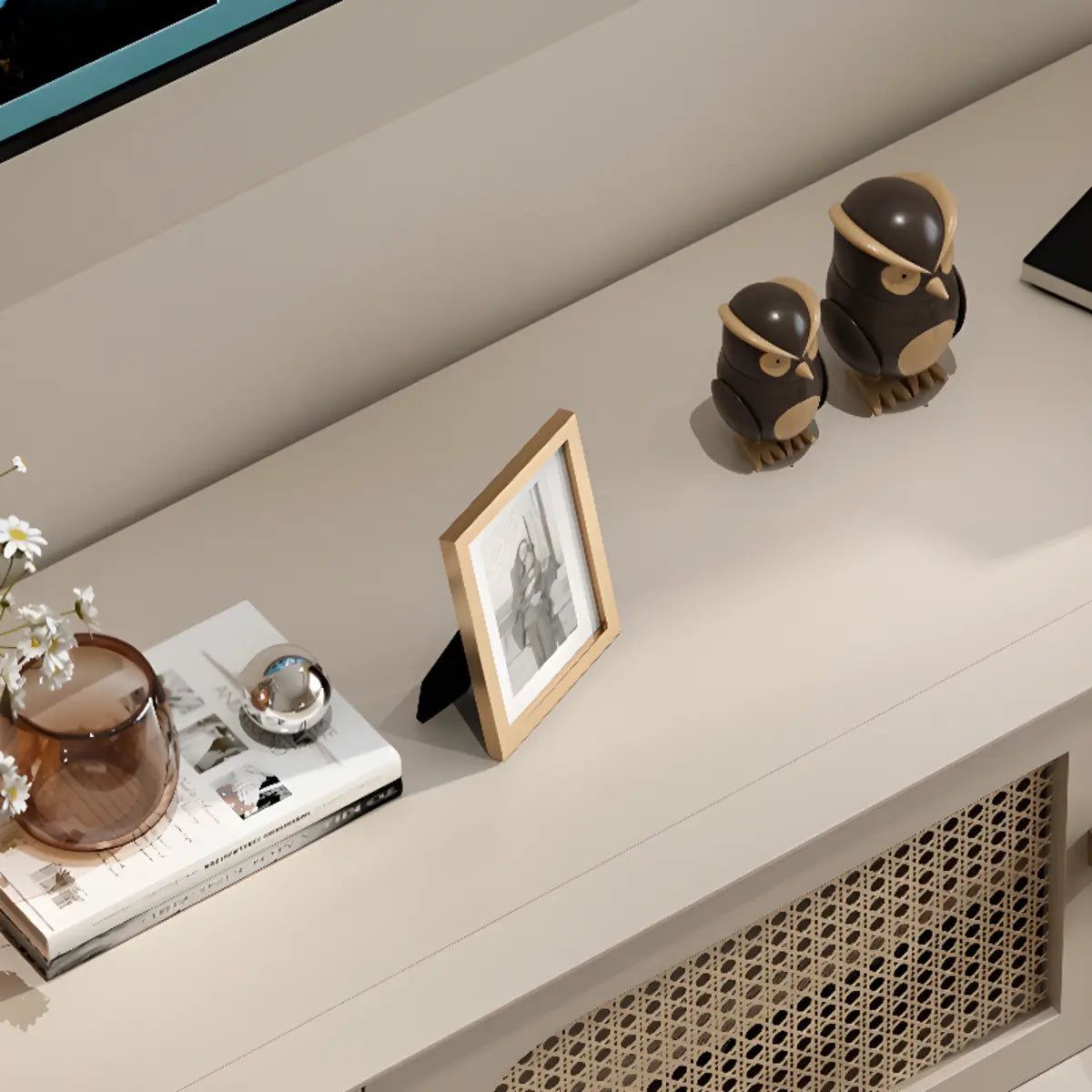 Mid-Century Modern White Wood Cabinet Drawers TV Stand Image - 10