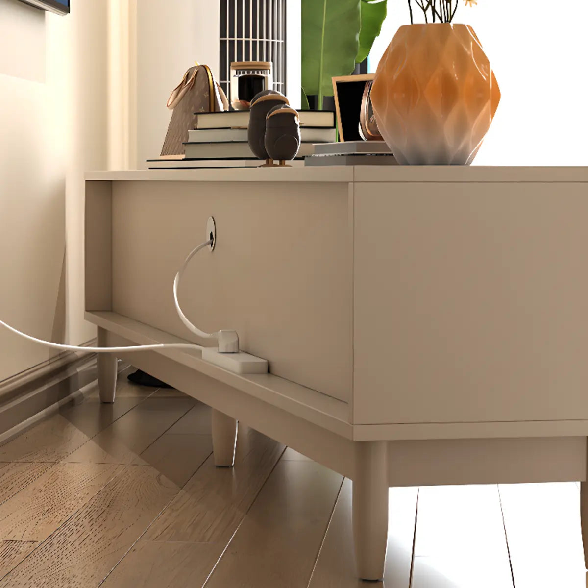 Mid-Century Modern White Wood Cabinet Drawers TV Stand Image - 11