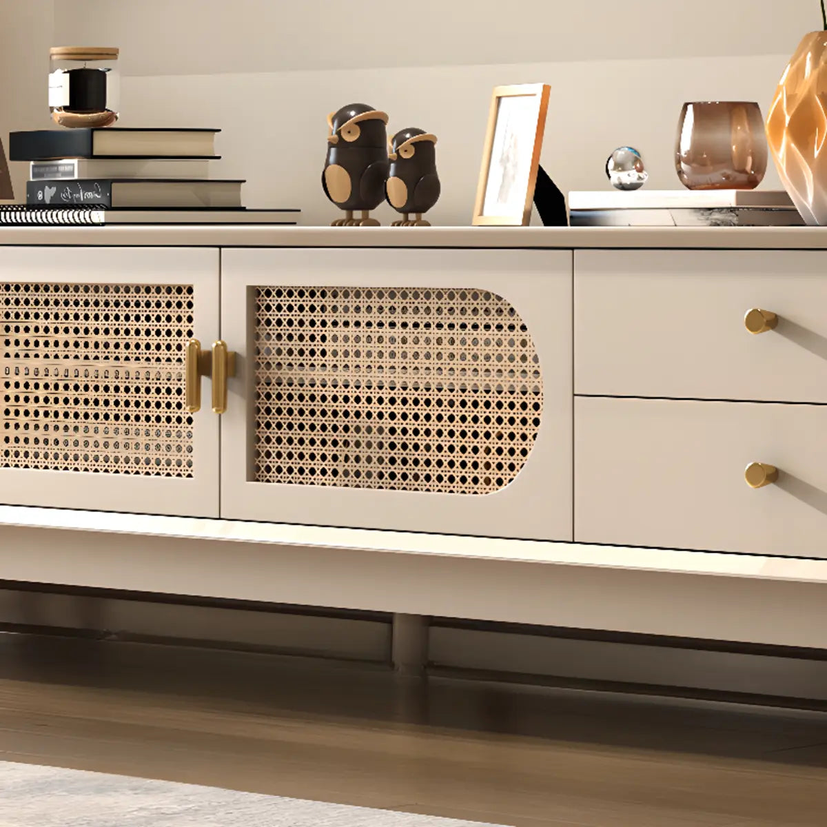 Mid-Century Modern White Wood Cabinet Drawers TV Stand Image - 12