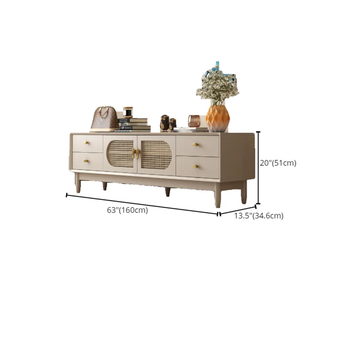 Mid-Century Modern White Wood Cabinet Drawers TV Stand