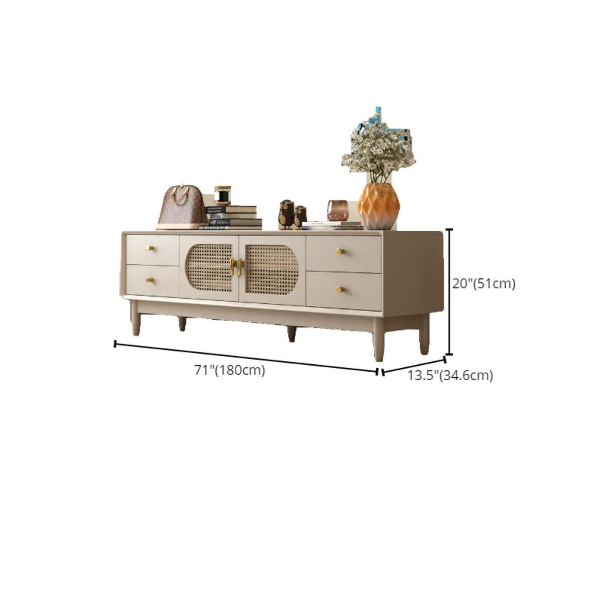 Mid-Century Modern White Wood Cabinet Drawers TV Stand Image - 14