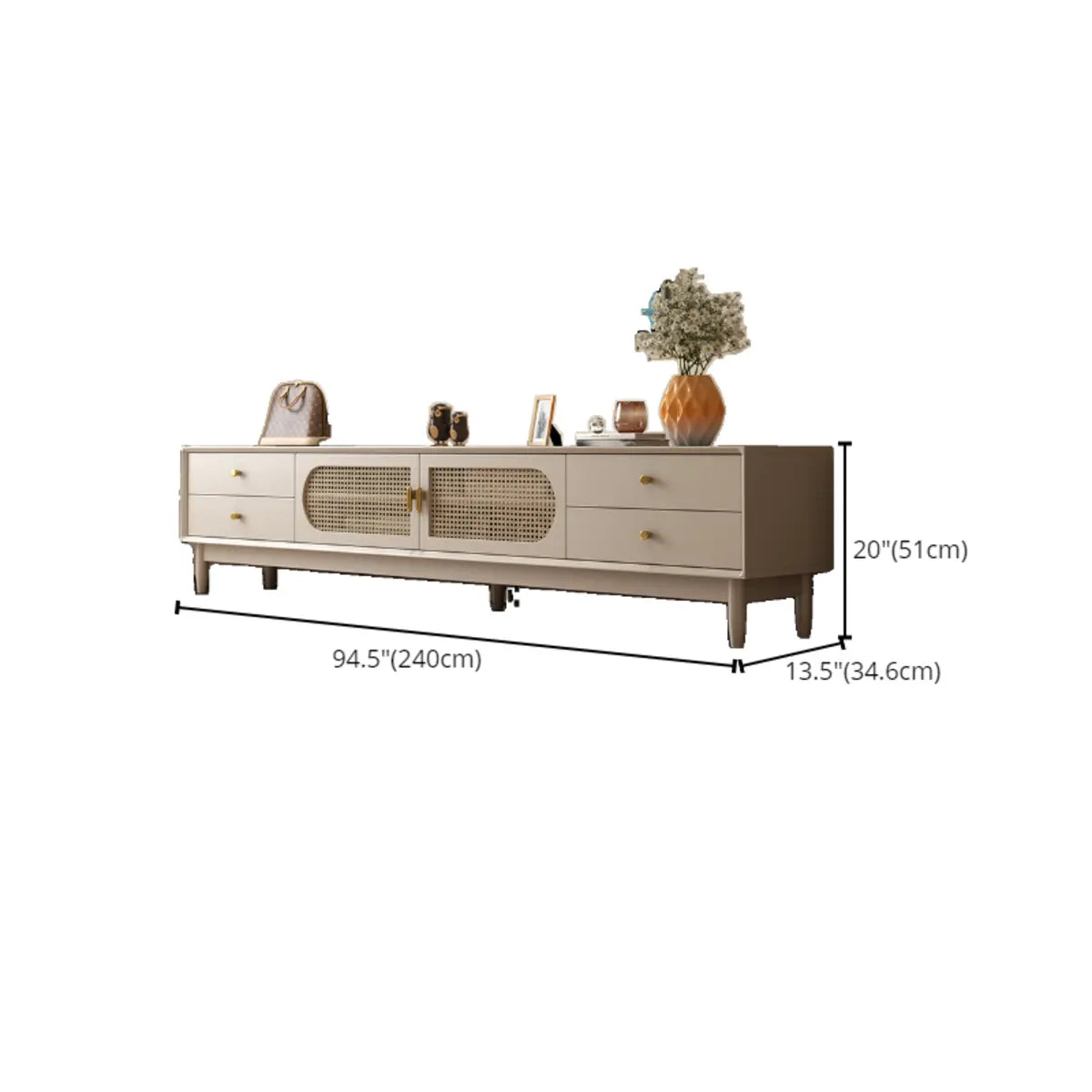 Mid-Century Modern White Wood Cabinet Drawers TV Stand Image - 16