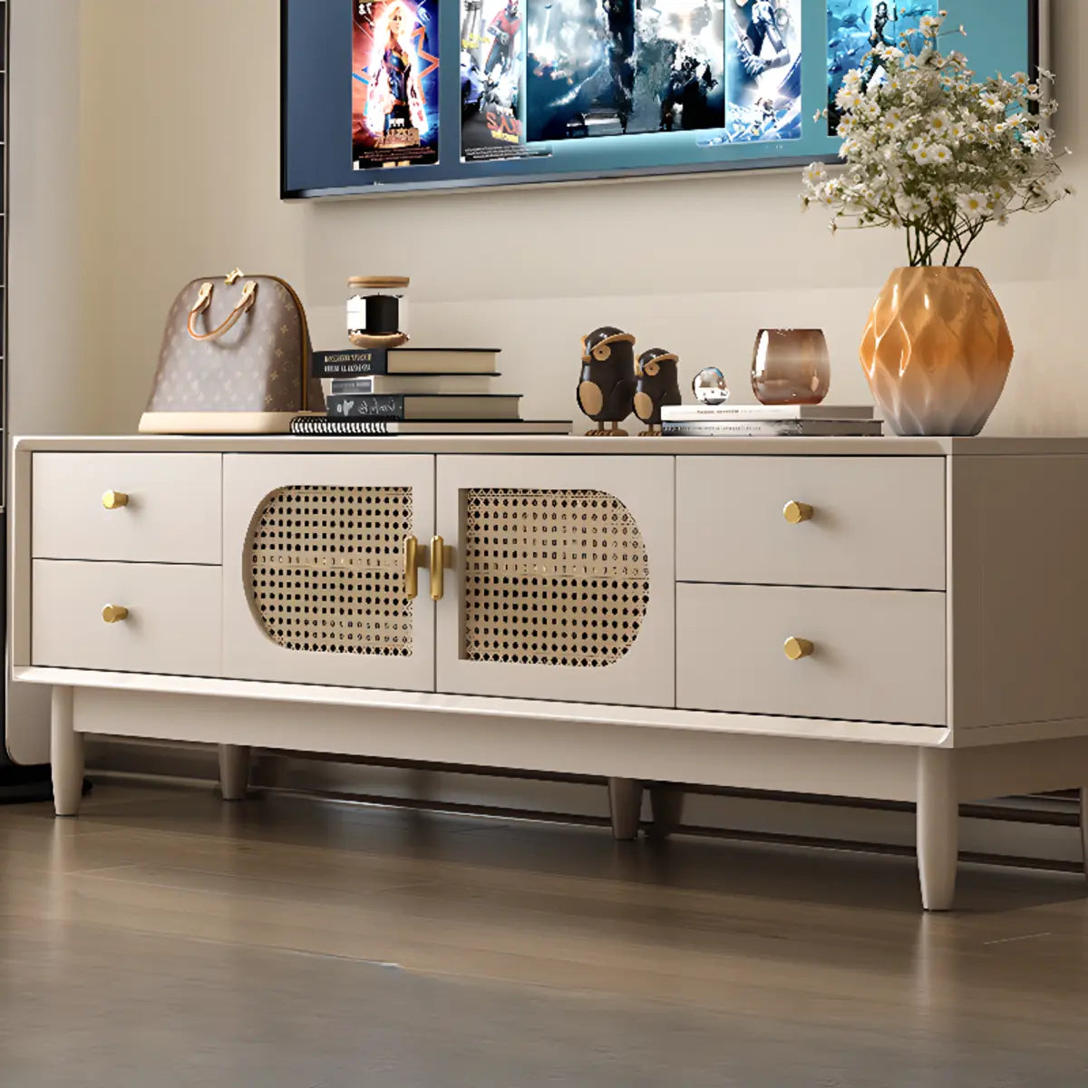 Mid-Century Modern White Wood Cabinet Drawers TV Stand Image - 2