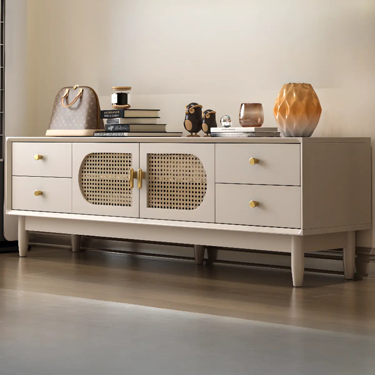 Mid-Century Modern White Wood Cabinet Drawers TV Stand Image - 3