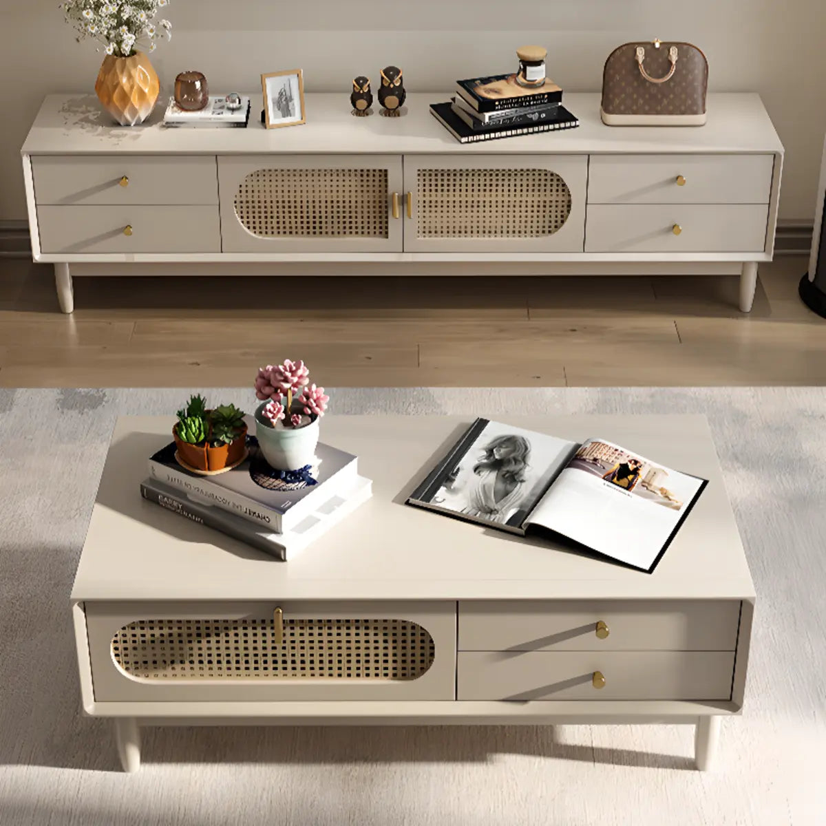 Mid-Century Modern White Wood Cabinet Drawers TV Stand Image - 4