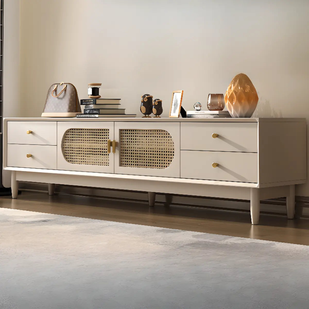 Mid-Century Modern White Wood Cabinet Drawers TV Stand Image - 5