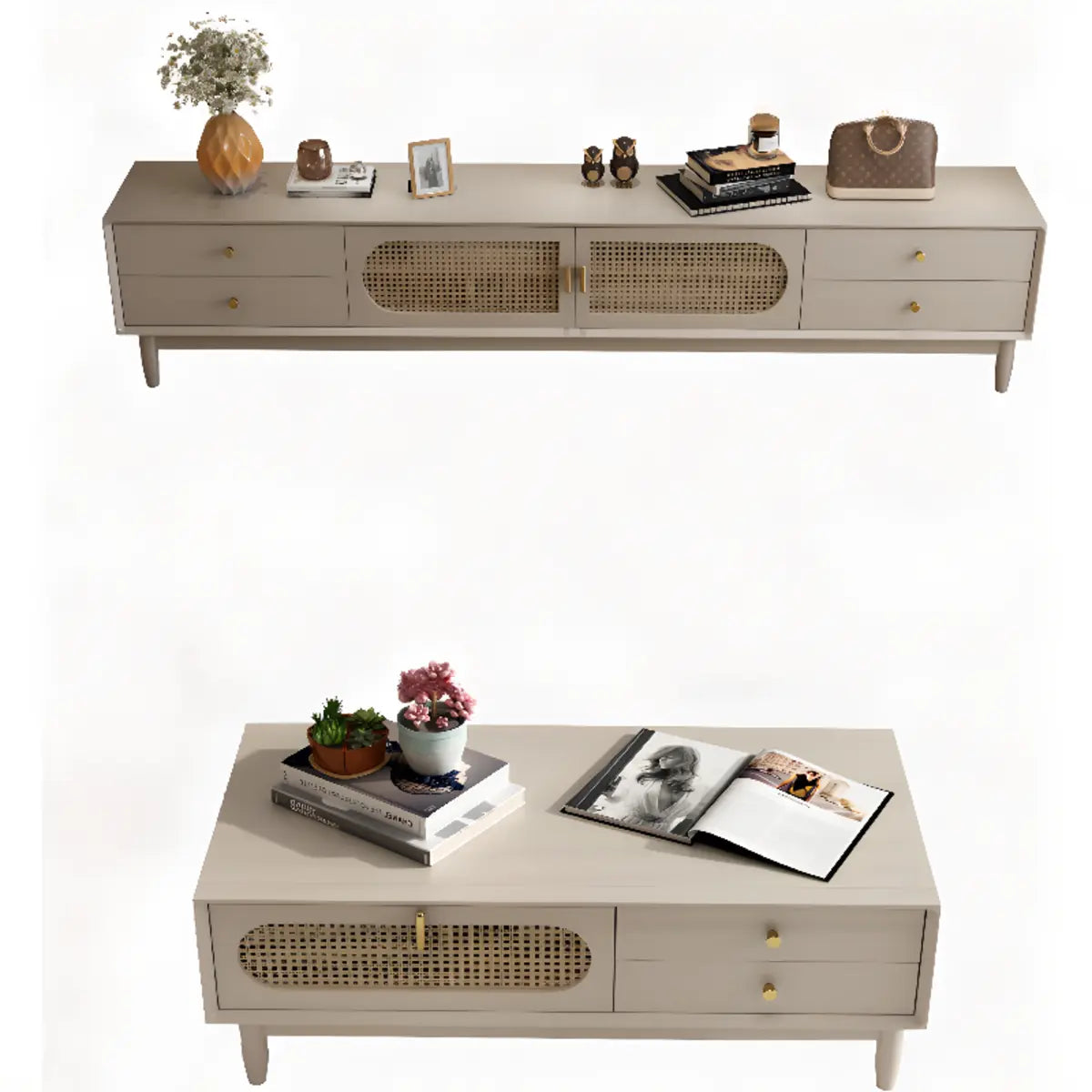 Mid-Century Modern White Wood Cabinet Drawers TV Stand Image - 6