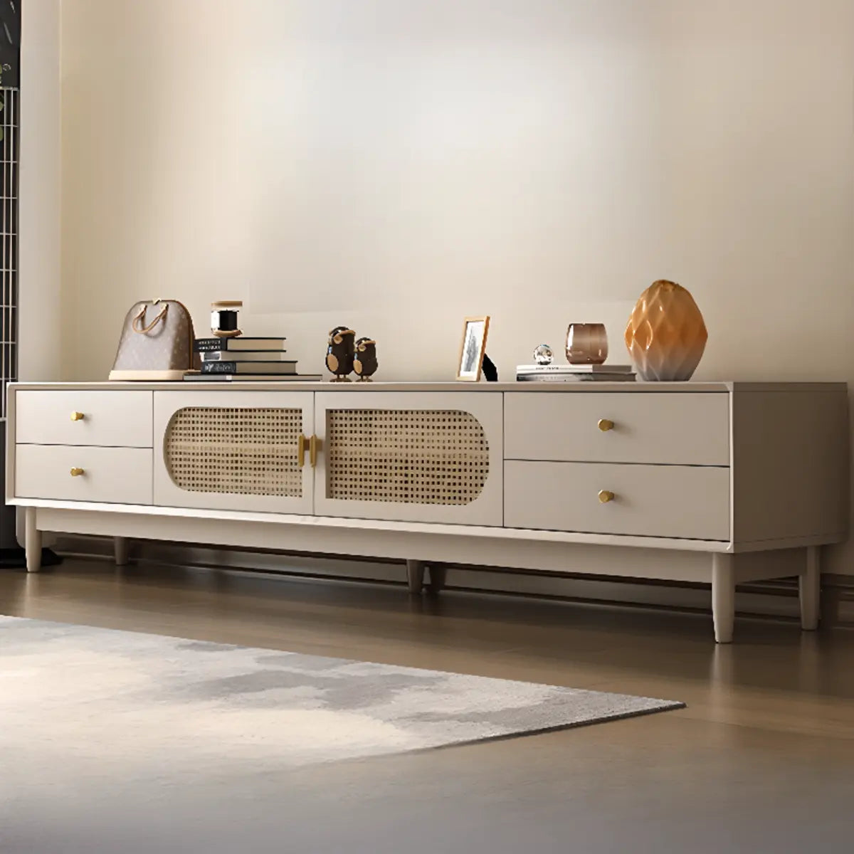 Mid-Century Modern White Wood Cabinet Drawers TV Stand Image - 7