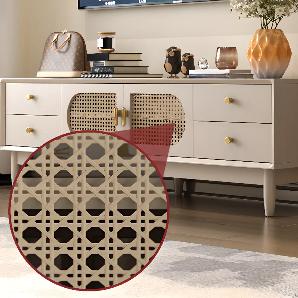 Mid-Century Modern White Wood Cabinet Drawers TV Stand Image - 8