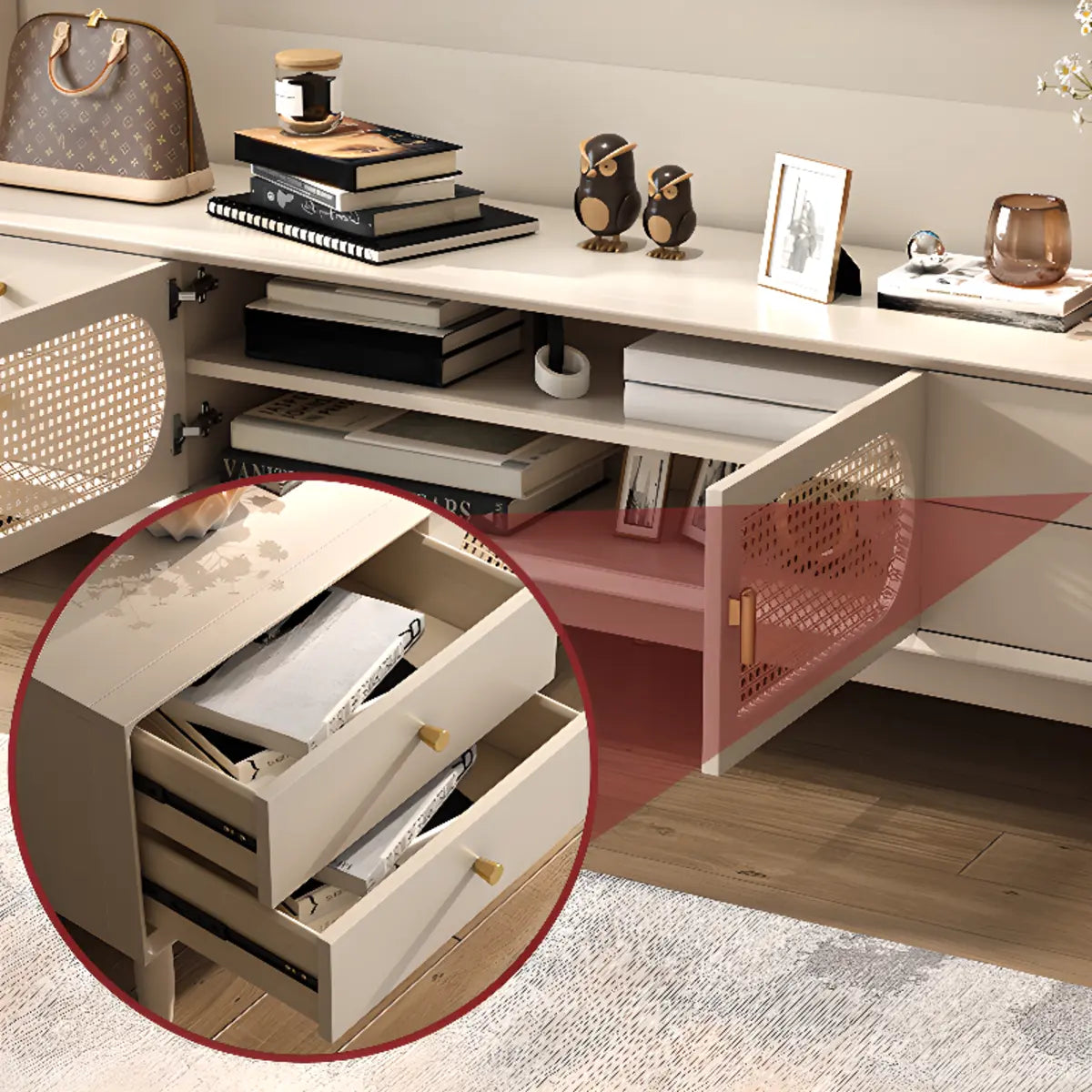 Mid-Century Modern White Wood Cabinet Drawers TV Stand Image - 9