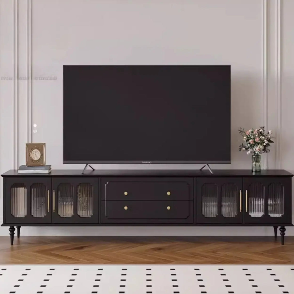 Mid-Century Modern Wood Black Drawers Long TV Stand Image - 1