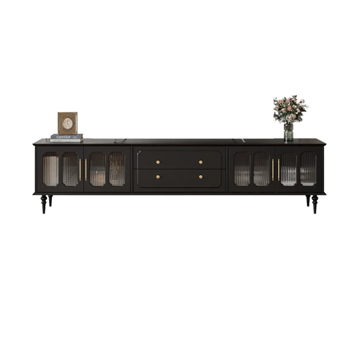 Mid-Century Modern Wood Black Drawers Long TV Stand Image - 2