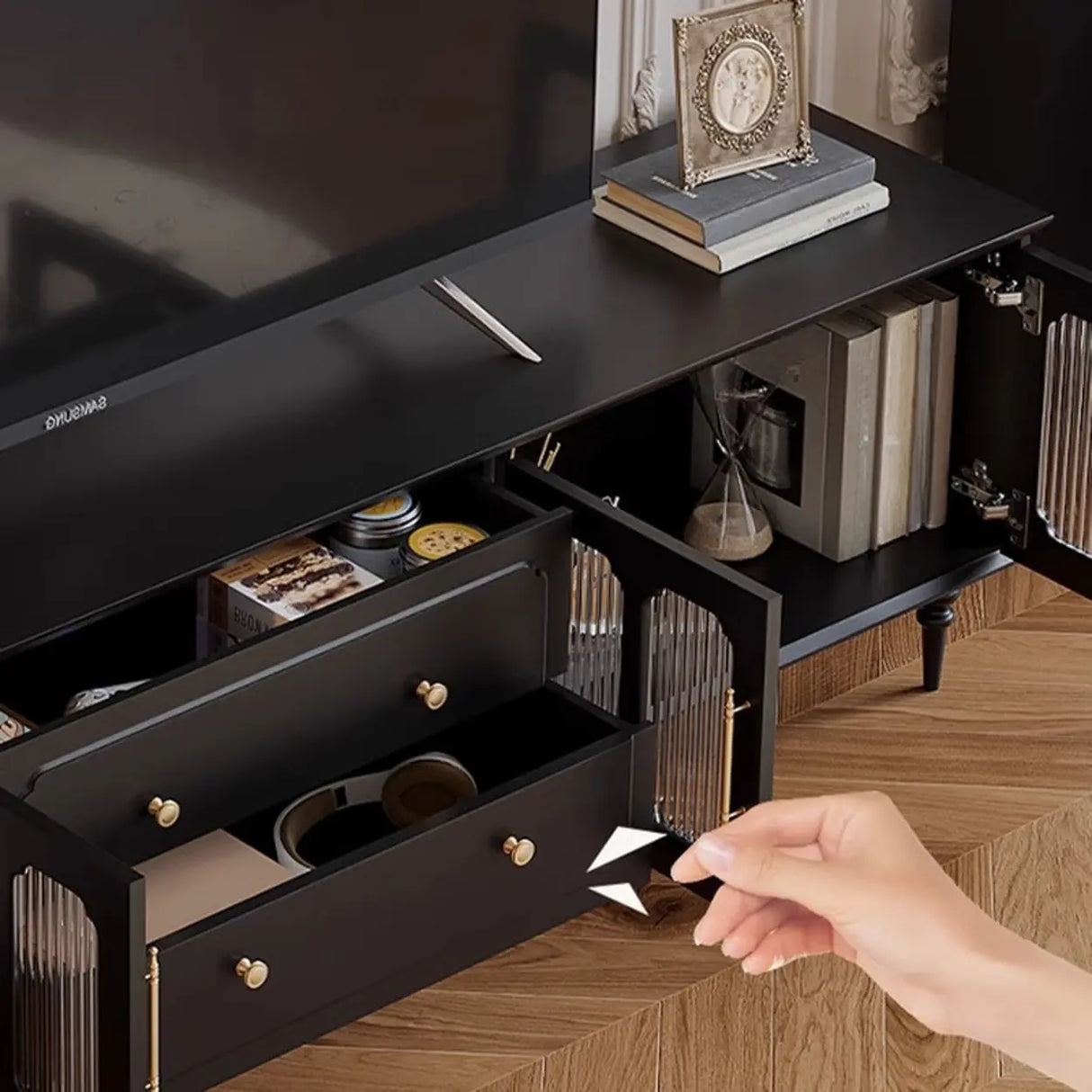 Mid-Century Modern Wood Black Drawers Long TV Stand Image - 8