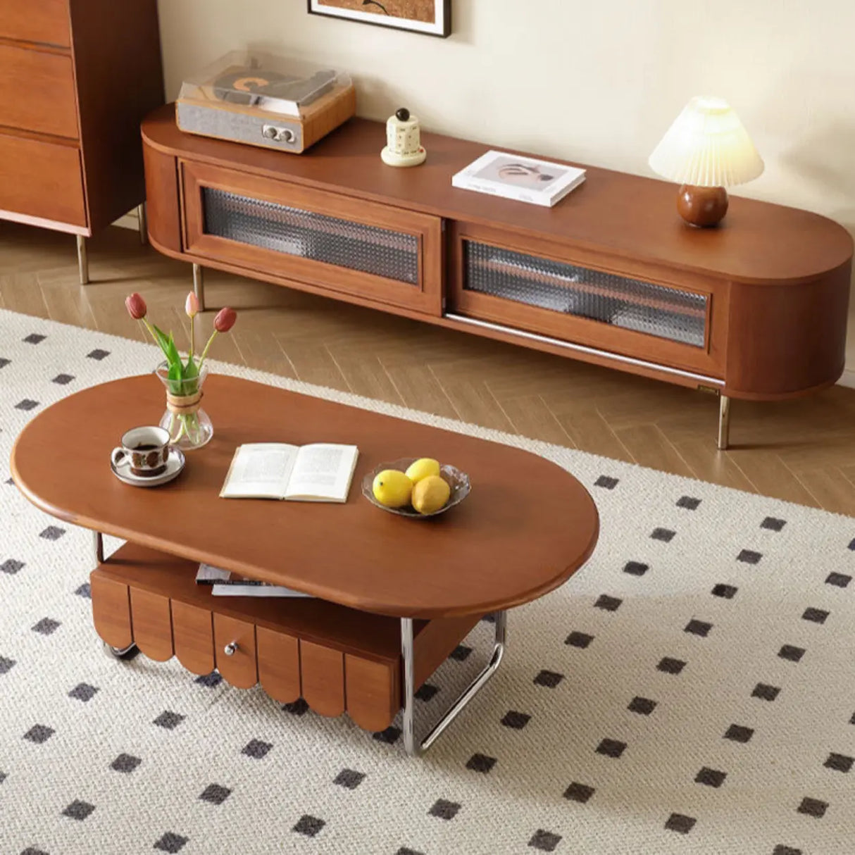 Mid-Century Modern Wood Brown Oval Coffee Table with Drawer Image - 2