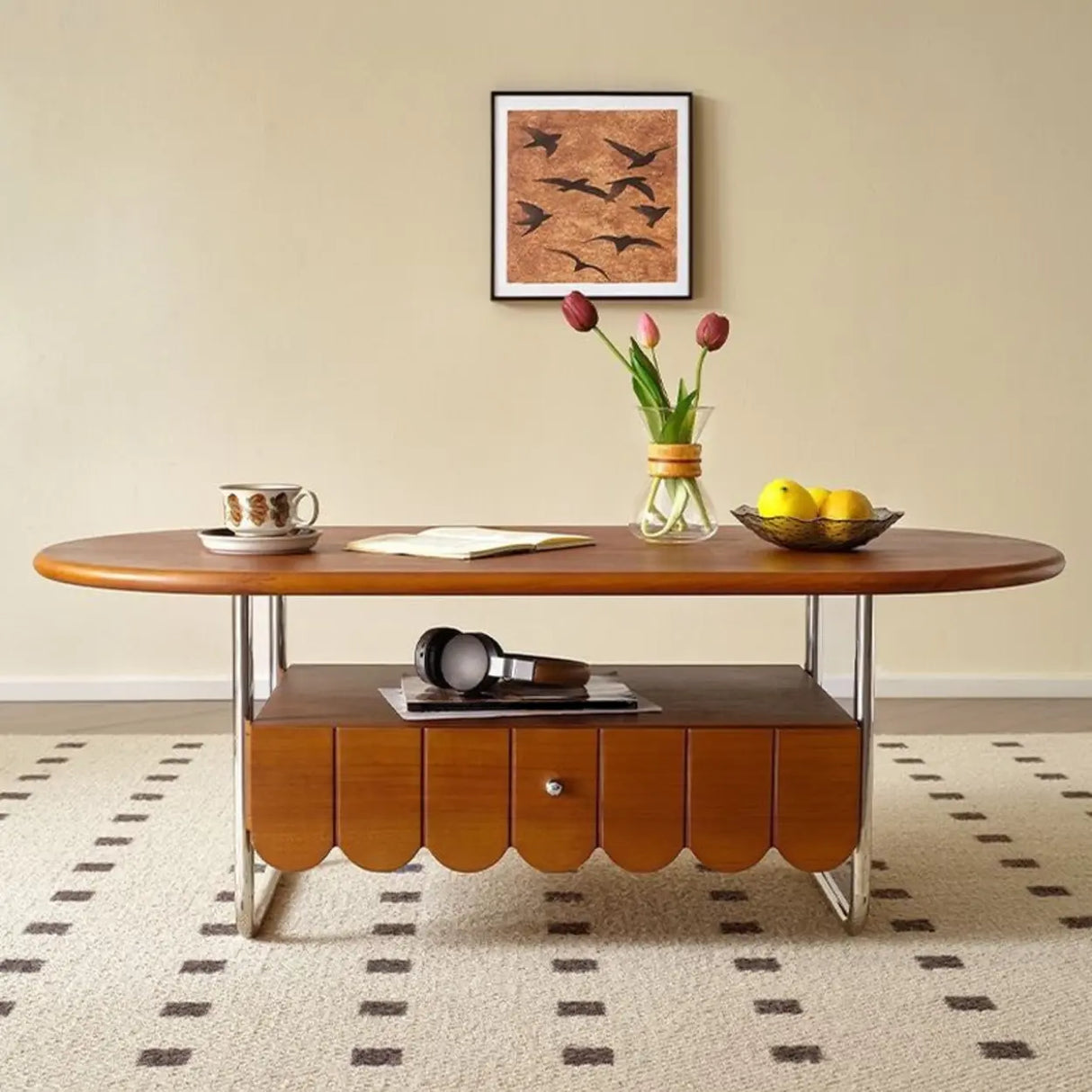 Mid-Century Modern Wood Brown Oval Coffee Table with Drawer Image - 3