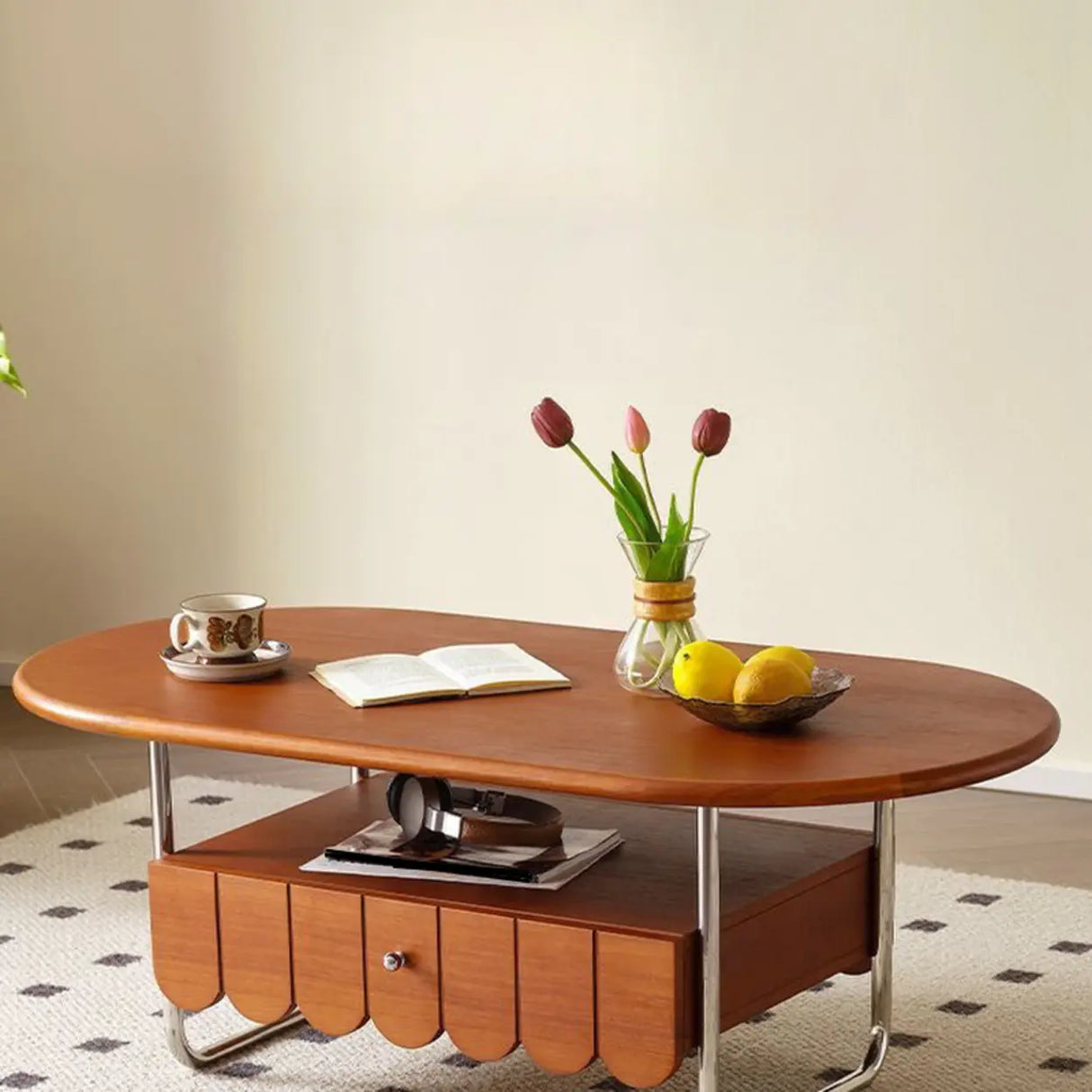 Mid-Century Modern Wood Brown Oval Coffee Table with Drawer Image - 6